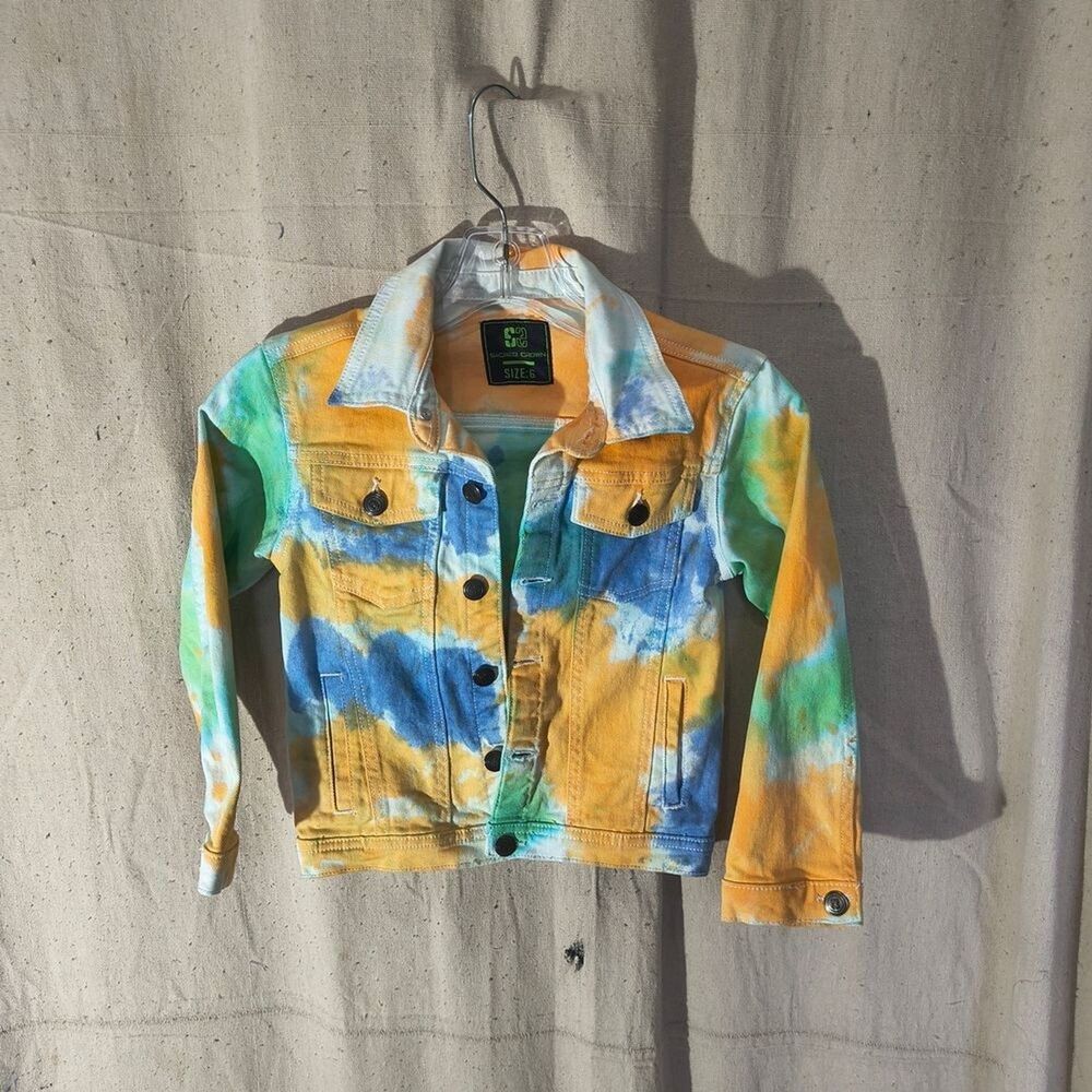 Kids size 6 Jean Jacket with vibrant tie dyed blue and yellow and green design